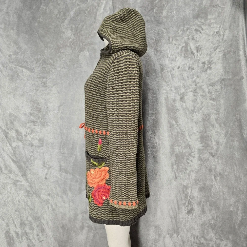 Cabi Longline Hooded Zip Sweater Women M Sage Green Hobo Embroidered Wool Blend